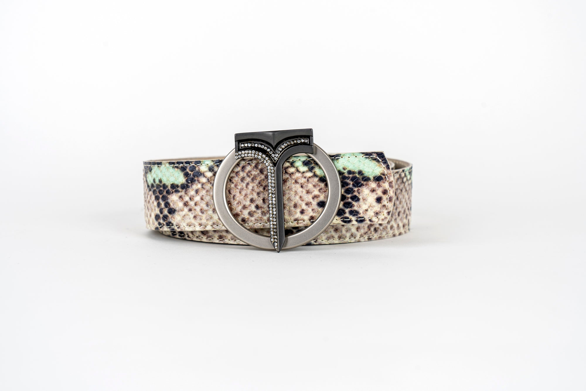 CINTURA IN PELLE DI VITELLO CON STAMPA PITONE Grey and green/ Grey and Green Calf Leather Belt with Python Print