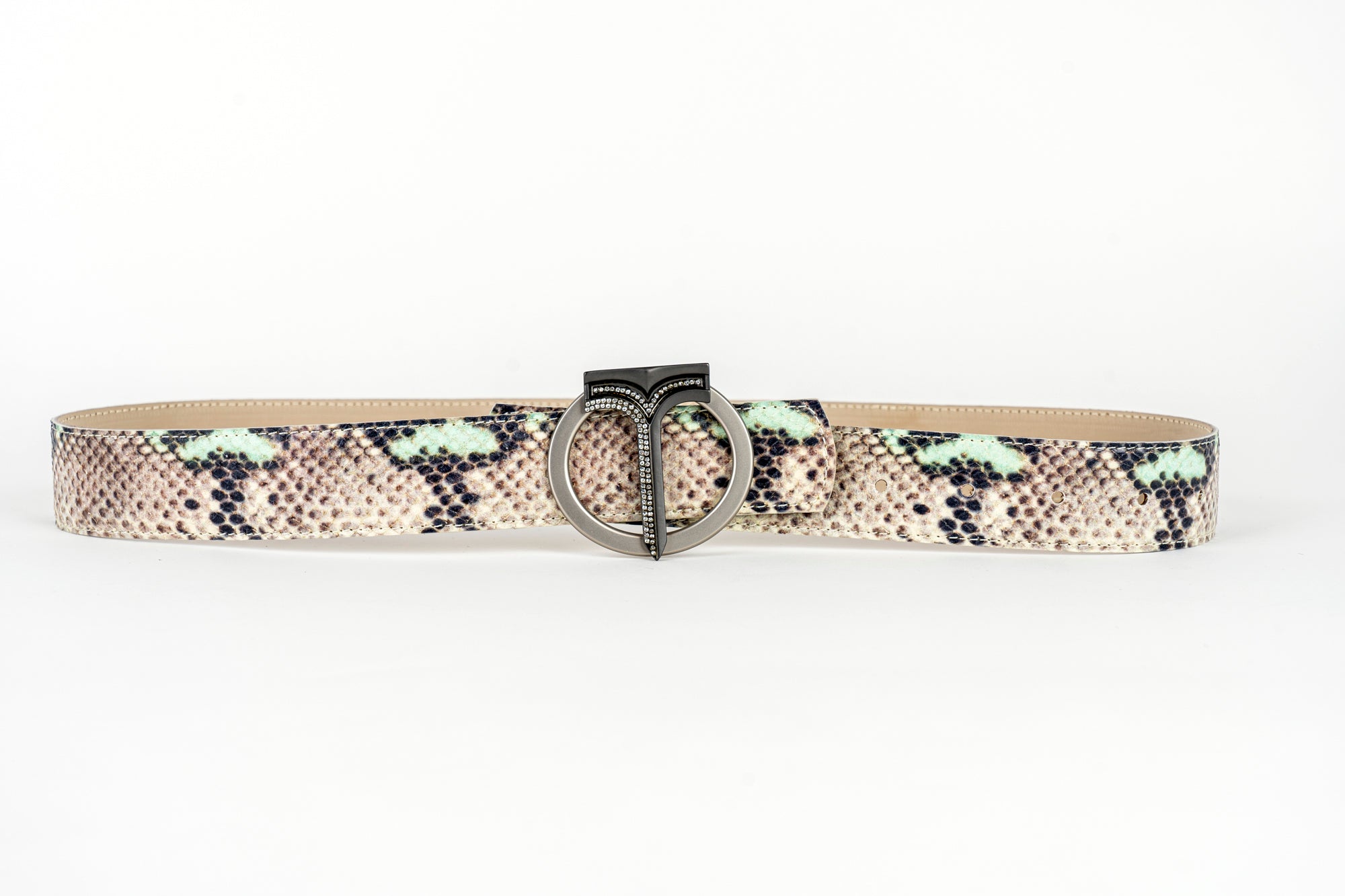 CINTURA IN PELLE DI VITELLO CON STAMPA PITONE Grey and green/ Grey and Green Calf Leather Belt with Python Print
